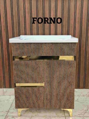 FORNO Designer Bathroom Vanity Cabinet with Wash Basin - Premium Fluted Wood Finish & Gold Accents