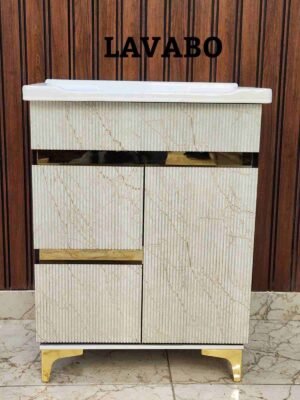 Modern Marble Finish Lavabo Vanity Cabinet with Golden Accents | Luxury Bathroom Sink Cabinet
