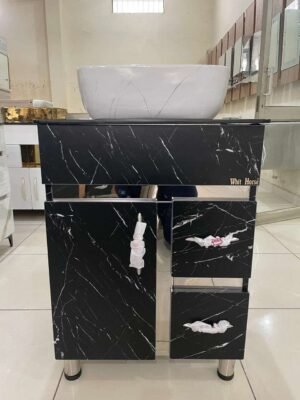 SS-306 : Black Marble Finish Vanity Cabinet with Ceramic Vessel Sink - Luxury Bathroom Wash Basin Unit by White Horse