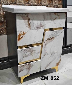 ZM-852 Luxury Bathroom Vanity Cabinet with Marble Finish & Gold Accents.
