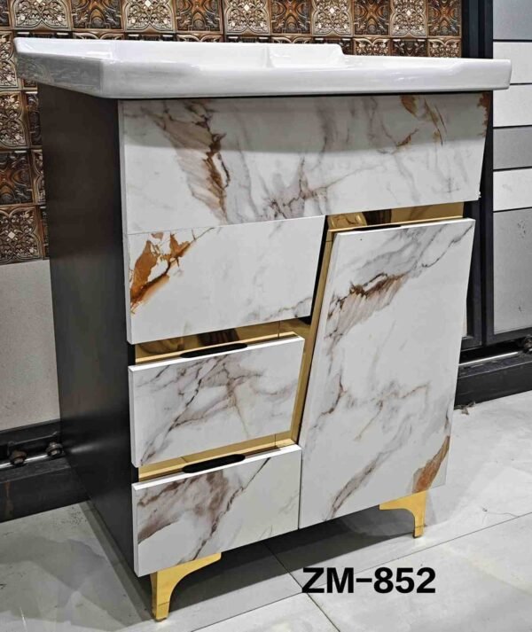 ZM-852 Luxury Bathroom Vanity Cabinet with Marble Finish & Gold Accents.