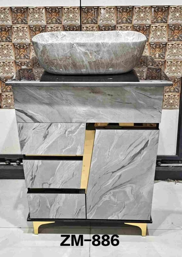 ZM -886 Modern Grey Marble Bathroom Vanity with Vessel Sink & Gold Accents - ZM-886
