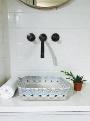Luxury Handcrafted Designer Countertop Wash Basin – Geometric Blue & Green Ceramic Bowl
